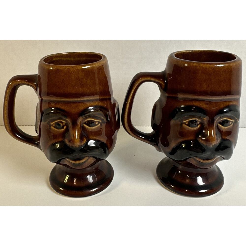 Mid Century Dark Brown Ceramic/Pottery Mug Face w/Mustache- Set Of 2